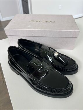 Jimmy Choo addie faux pearl tassel black patent leather loafers size 37